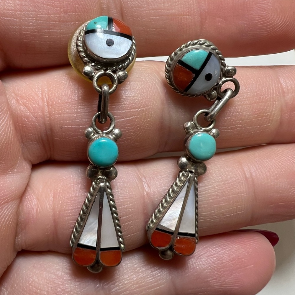 Traditional Zuni Sun Face Inlay Earrings Native American - Vintage